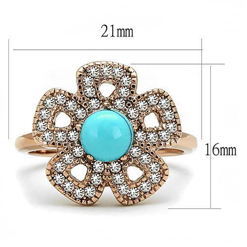 TK3201 IP Rose Gold Stainless Steel Ring featuring a synthetic turquoise stone in sea blue color, elegantly designed for everyday wear.