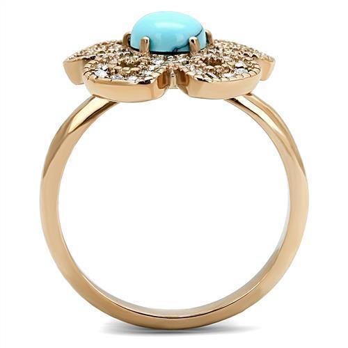 TK3201 IP Rose Gold Stainless Steel Ring featuring a synthetic turquoise stone in sea blue color, elegantly designed for everyday wear.