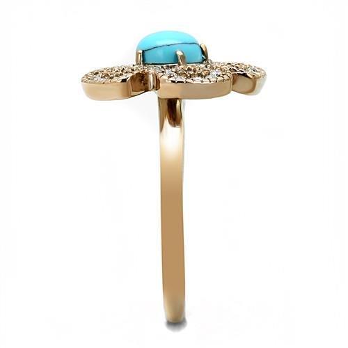 TK3201 IP Rose Gold Stainless Steel Ring featuring a synthetic turquoise stone in sea blue color, elegantly designed for everyday wear.