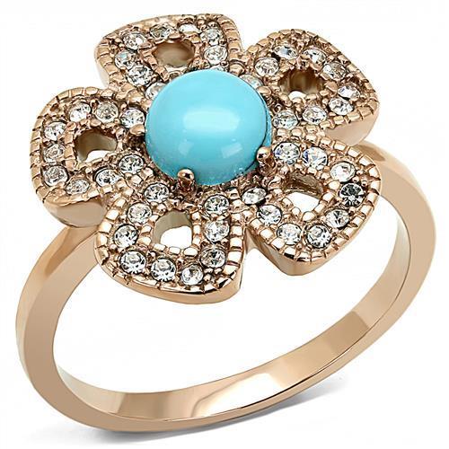 TK3201 IP Rose Gold Stainless Steel Ring featuring a synthetic turquoise stone in sea blue color, elegantly designed for everyday wear.