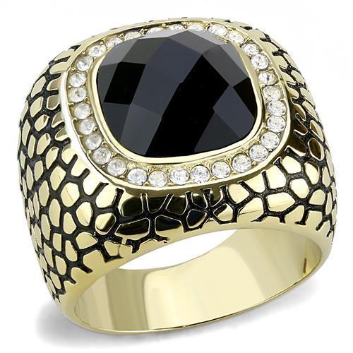 TK3221 IP Gold Stainless Steel Ring featuring a jet synthetic glass stone, showcasing a luxurious design and durable material.