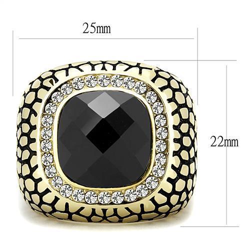 TK3221 IP Gold Stainless Steel Ring featuring a jet synthetic glass stone, showcasing a luxurious design and durable material.