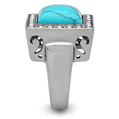 TK323 High Polished Stainless Steel Ring featuring a vibrant synthetic turquoise stone in sea blue color.