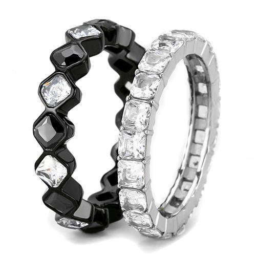 TK3231 Two-Tone IP Black Stainless Steel Ring featuring AAA Grade CZ center stone in black diamond color.