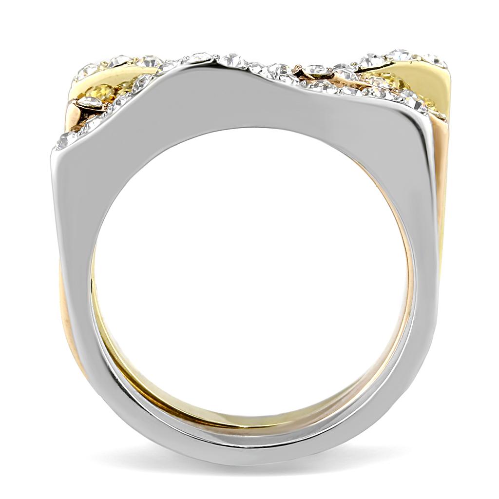 TK3234 Three Tone Stainless Steel Ring featuring IP Gold, IP Rose Gold, and high polished finish with a clear top grade crystal.