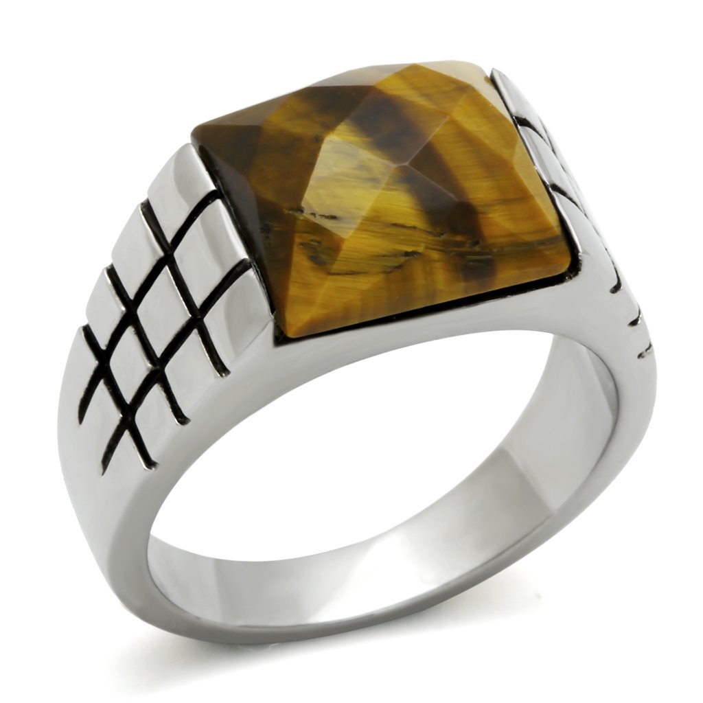 TK324 High Polished Stainless Steel Ring featuring a semi-precious Tiger Eye stone in smoked quartz color, showcasing its elegant design.