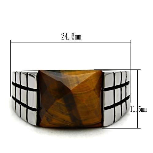 TK324 High Polished Stainless Steel Ring featuring a semi-precious Tiger Eye stone in smoked quartz color, showcasing its elegant design.