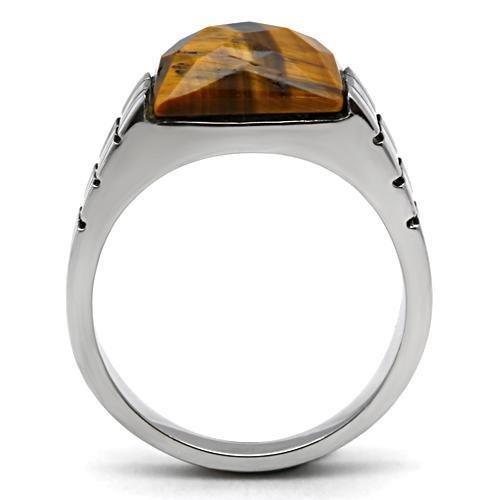 TK324 High Polished Stainless Steel Ring featuring a semi-precious Tiger Eye stone in smoked quartz color, showcasing its elegant design.