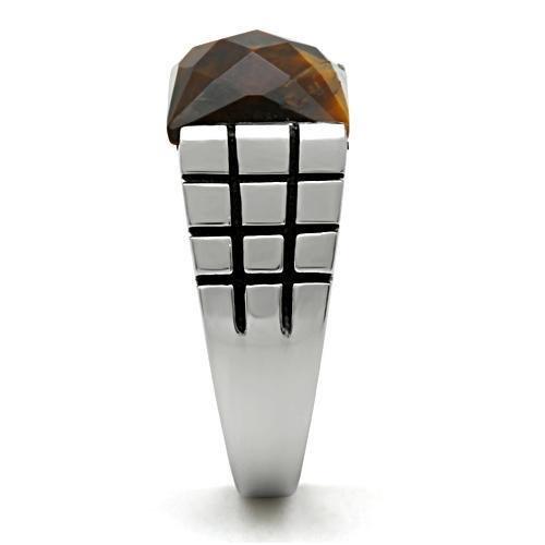 TK324 High Polished Stainless Steel Ring featuring a semi-precious Tiger Eye stone in smoked quartz color, showcasing its elegant design.