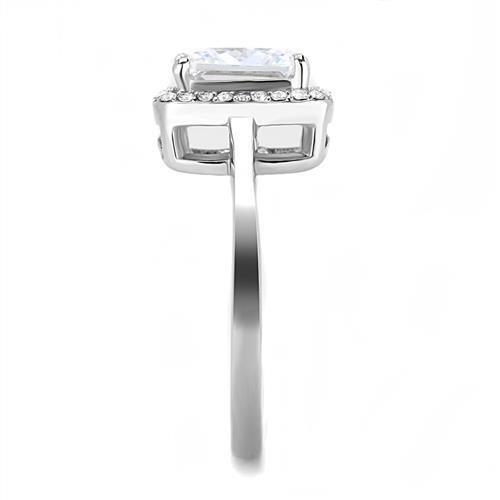 TK3242 High Polished Stainless Steel Ring featuring a clear AAA grade CZ center stone, showcasing its elegant design and shiny finish.