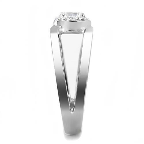 TK3245 High Polished Stainless Steel Ring featuring a clear AAA Grade CZ stone, showcasing its elegant design and shiny finish.