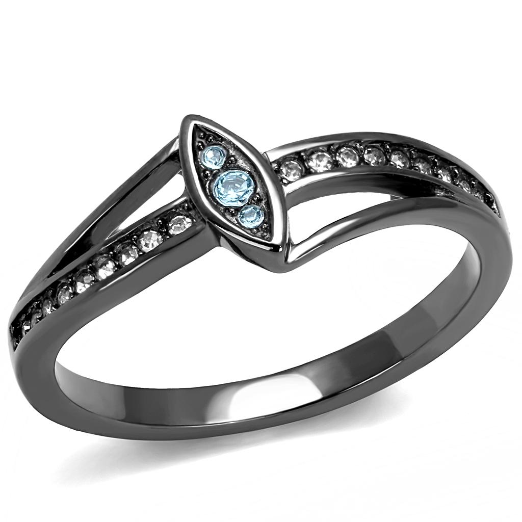 TK3260 IP Light Black Stainless Steel Ring featuring a sea blue top-grade crystal, showcasing its elegant design and modern finish.