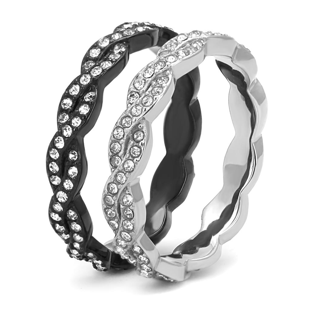 TK3265 Two-Tone IP Black Stainless Steel Ring featuring a clear top-grade crystal centerpiece, showcasing a modern and elegant design.