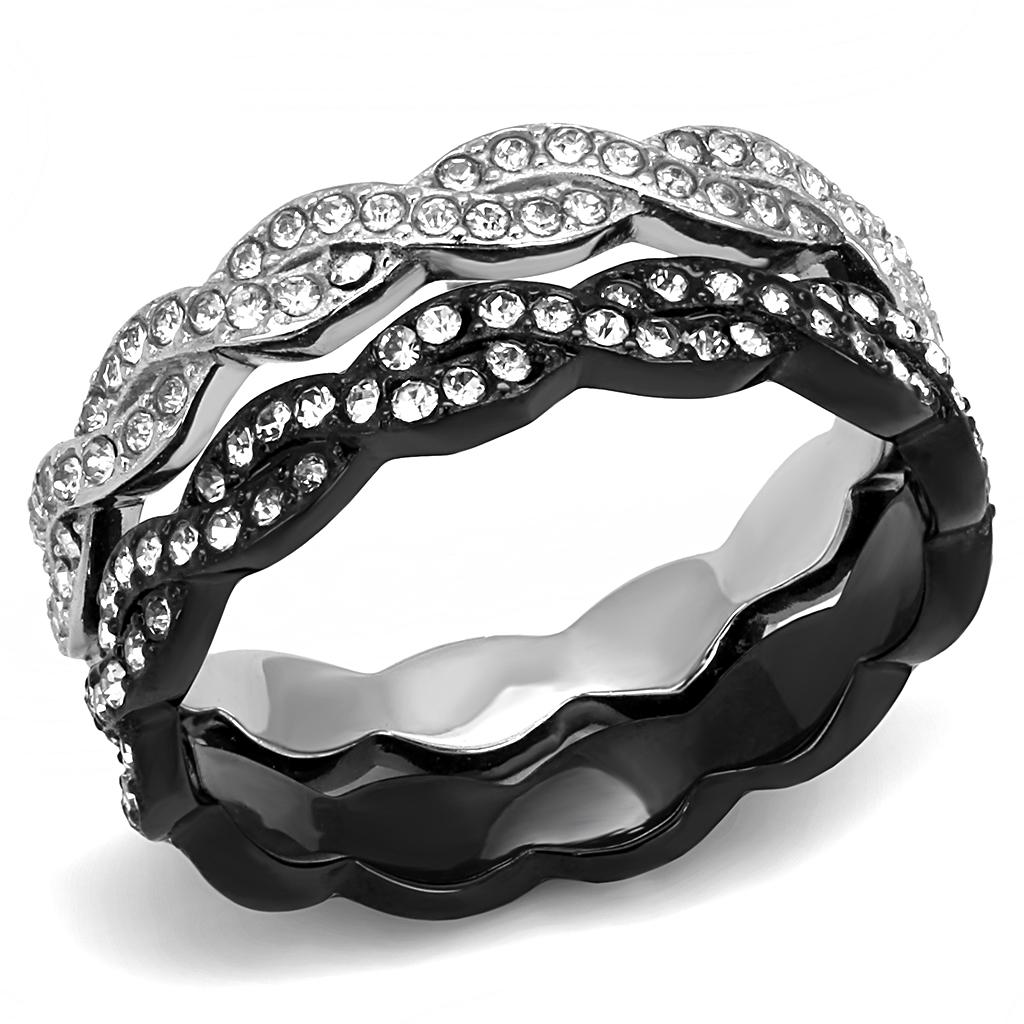 TK3265 Two-Tone IP Black Stainless Steel Ring featuring a clear top-grade crystal centerpiece, showcasing a modern and elegant design.