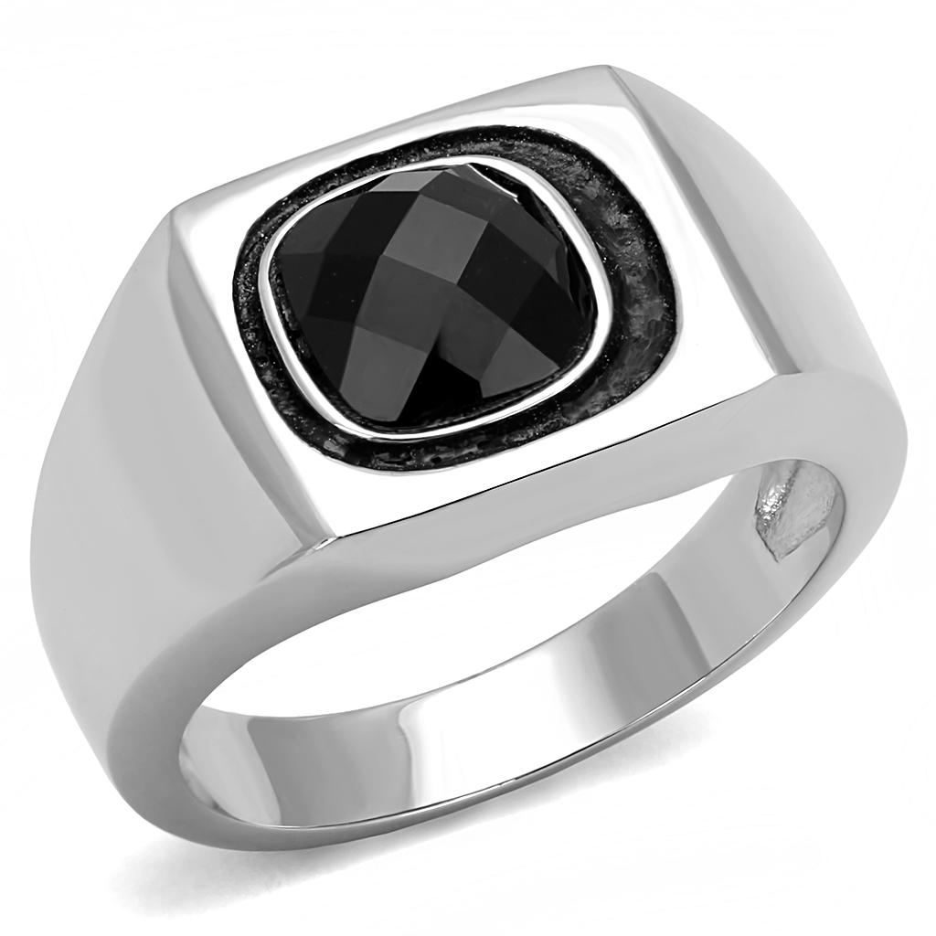 TK3283 High Polished Stainless Steel Ring featuring a jet black synthetic glass center stone, showcasing a sleek and elegant design.