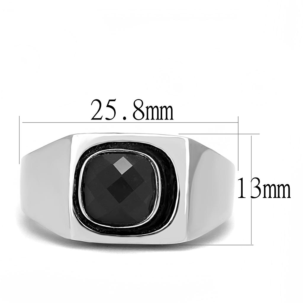 TK3283 High Polished Stainless Steel Ring featuring a jet black synthetic glass center stone, showcasing a sleek and elegant design.