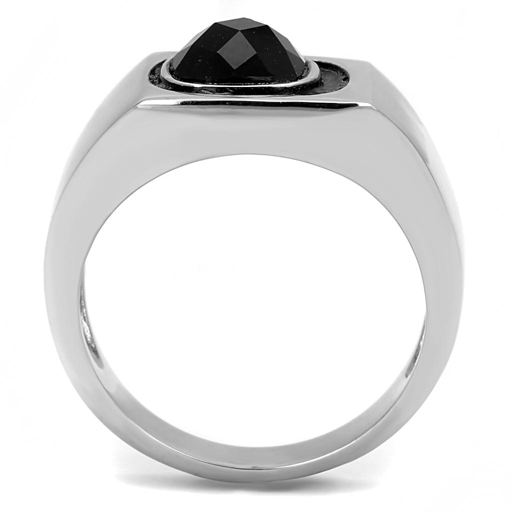 TK3283 High Polished Stainless Steel Ring featuring a jet black synthetic glass center stone, showcasing a sleek and elegant design.