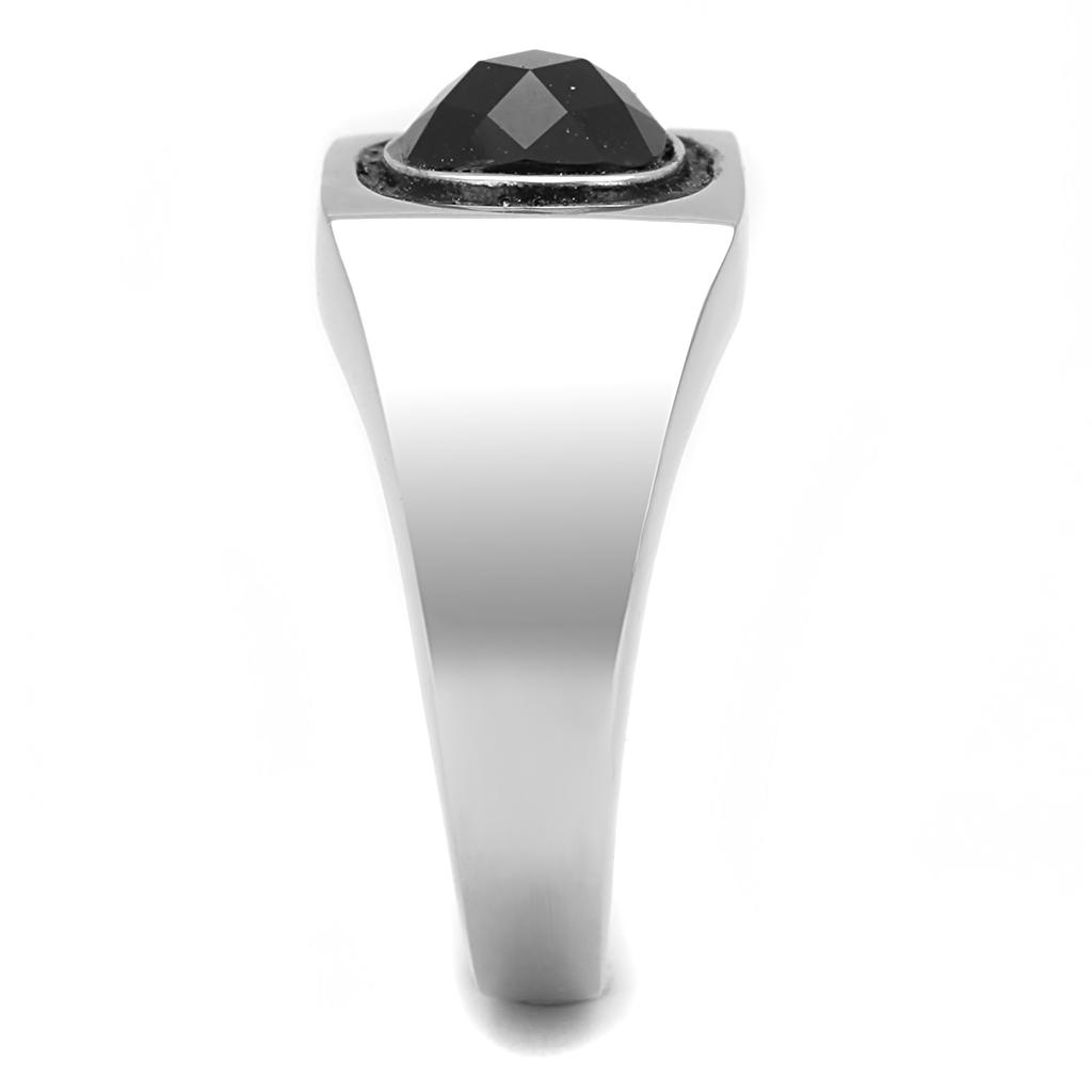 TK3283 High Polished Stainless Steel Ring featuring a jet black synthetic glass center stone, showcasing a sleek and elegant design.