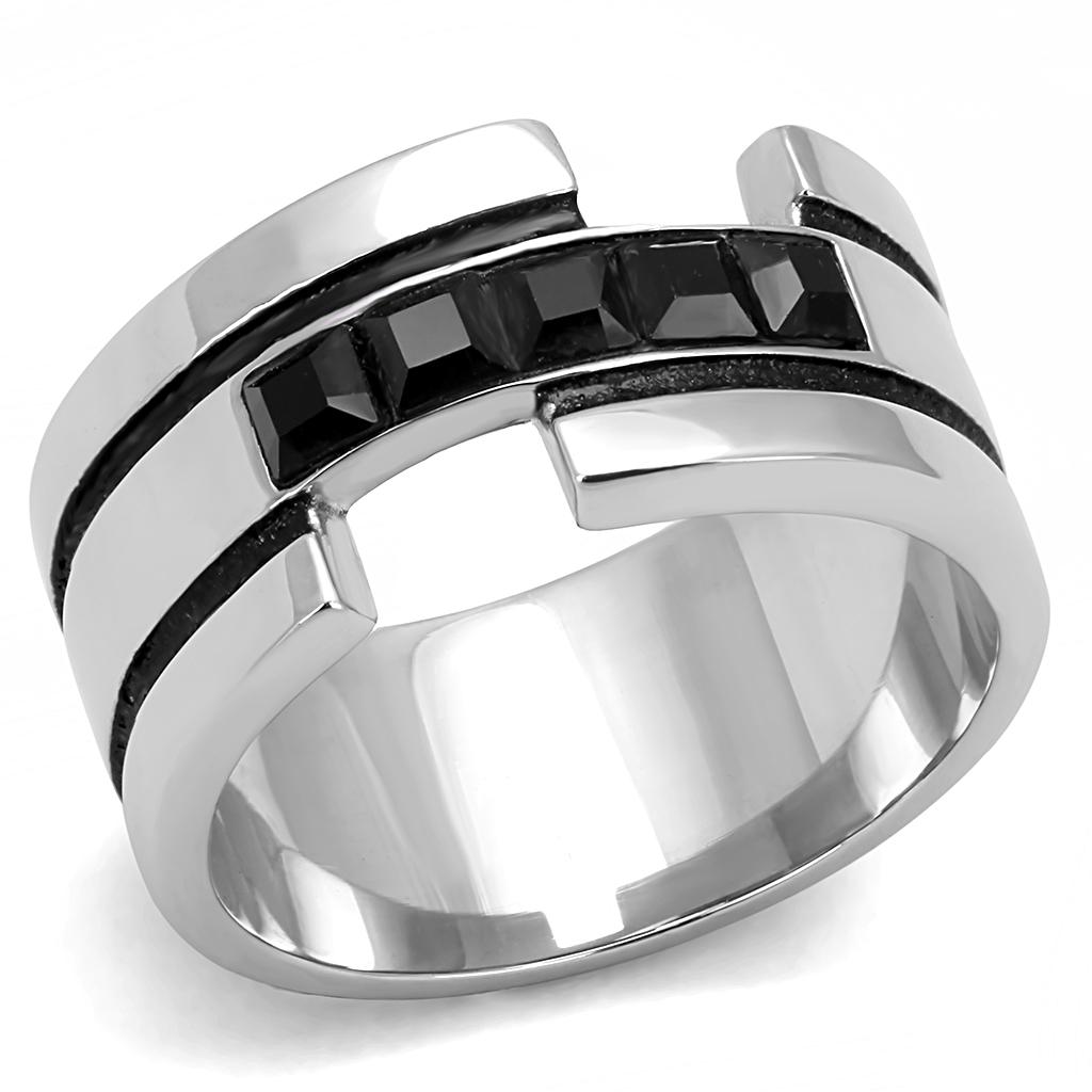 TK3284 High Polished Stainless Steel Ring featuring a jet-colored top-grade crystal centerpiece, showcasing a sleek and modern design.