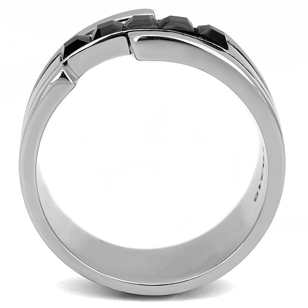 TK3284 High Polished Stainless Steel Ring featuring a jet-colored top-grade crystal centerpiece, showcasing a sleek and modern design.