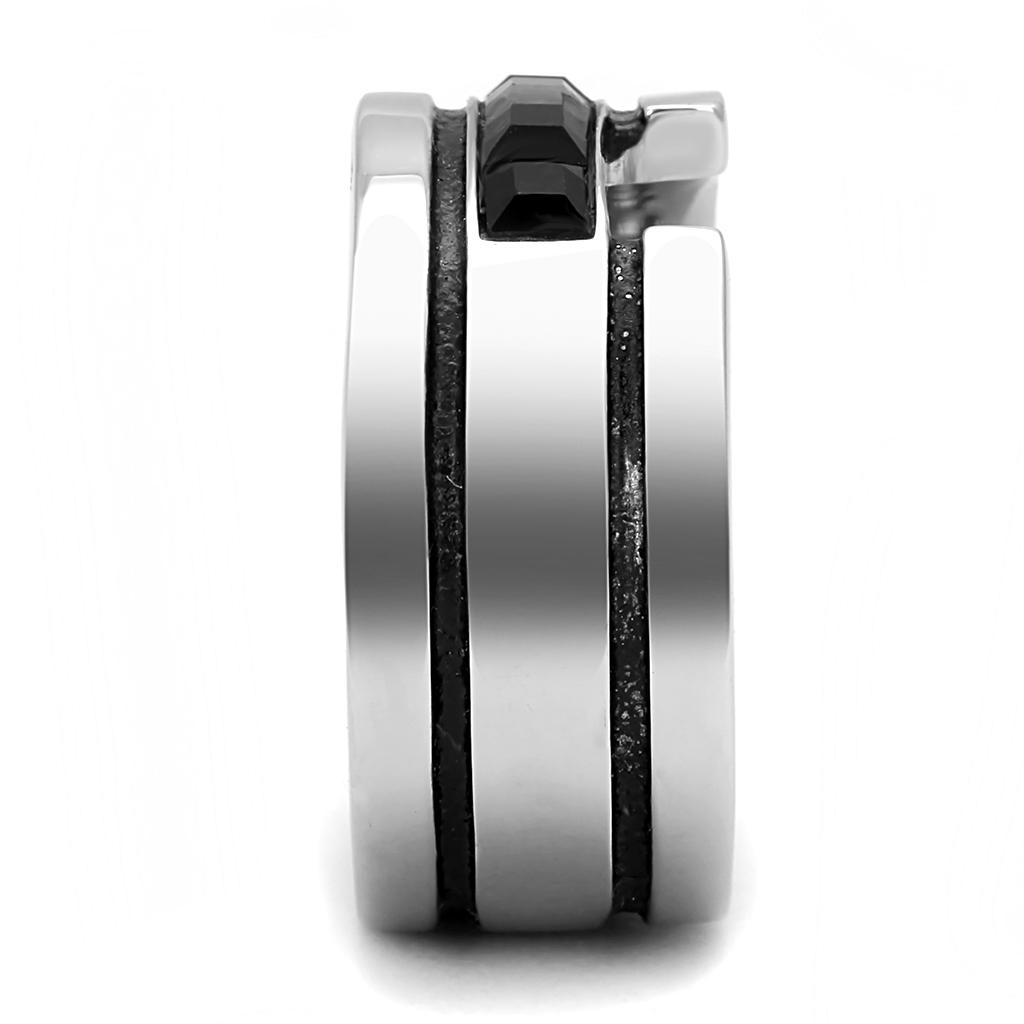 TK3284 High Polished Stainless Steel Ring featuring a jet-colored top-grade crystal centerpiece, showcasing a sleek and modern design.