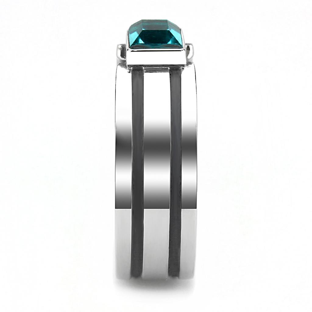 TK3291 High Polished Stainless Steel Ring featuring a vibrant blue zircon crystal, showcasing its elegant design and high-quality finish.