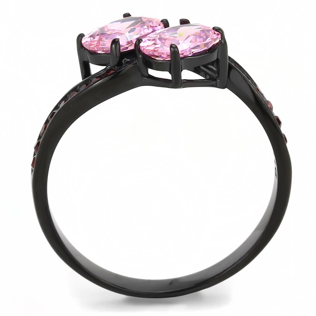 TK3444 IP Black Stainless Steel Ring featuring a rose AAA Grade CZ center stone, showcasing a modern and elegant design.