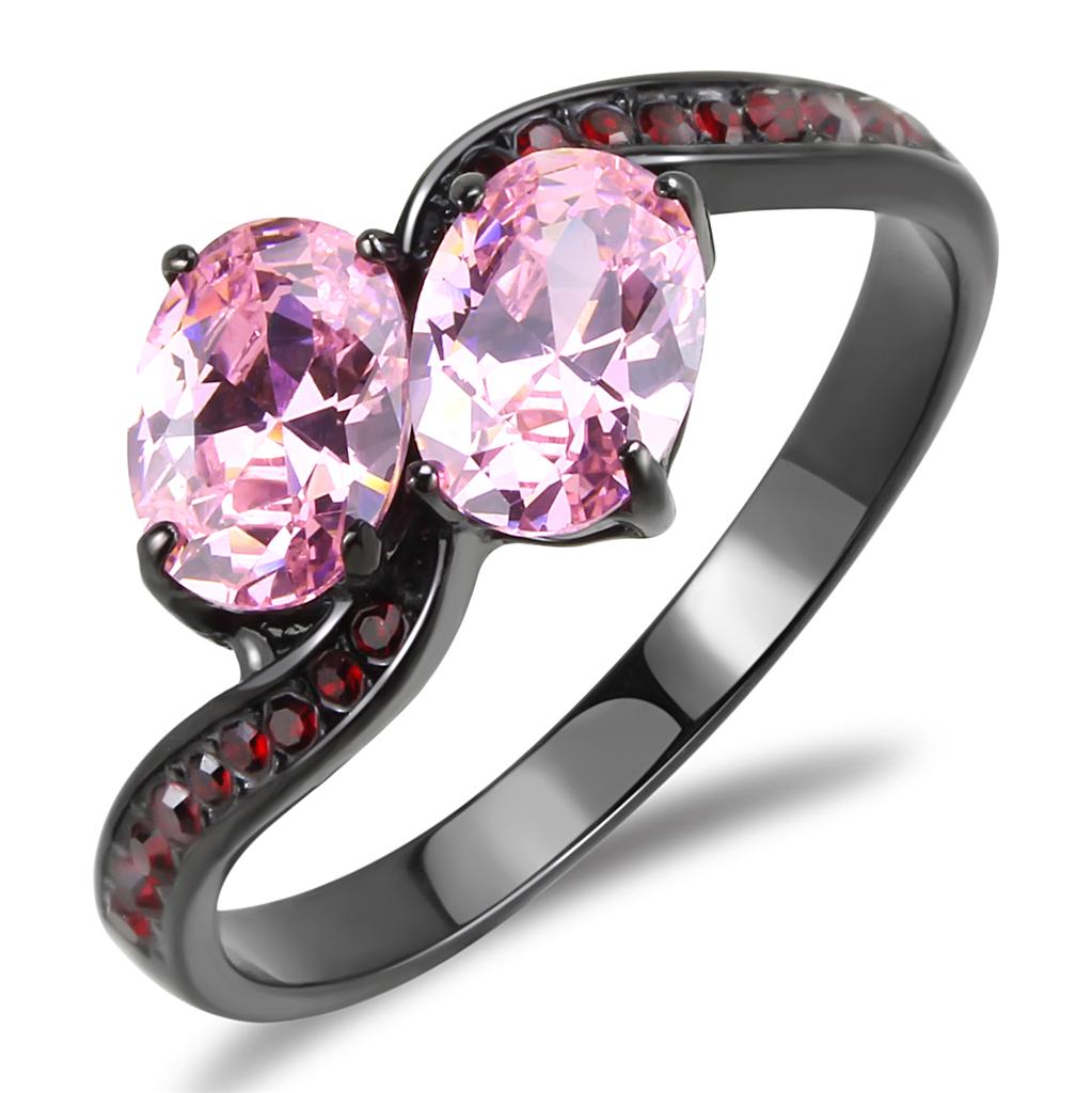 TK3444 IP Black Stainless Steel Ring featuring a rose AAA Grade CZ center stone, showcasing a modern and elegant design.