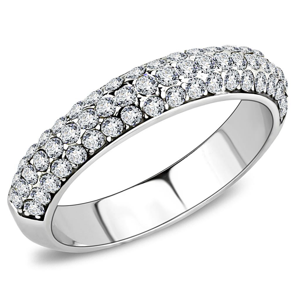 TK3437 High Polished Stainless Steel Ring featuring a clear top-grade crystal centerpiece, showcasing its elegant design and shine.