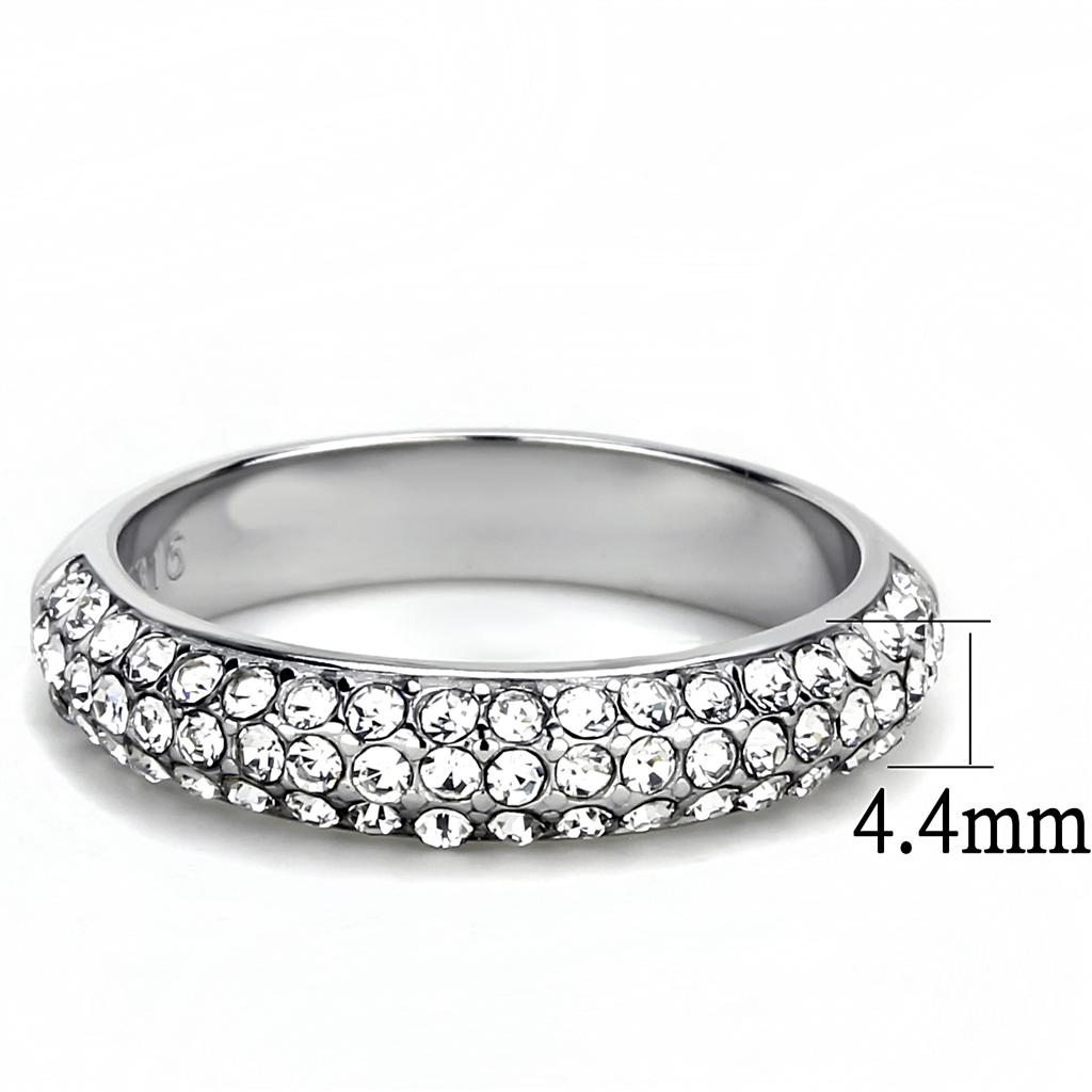 TK3437 High Polished Stainless Steel Ring featuring a clear top-grade crystal centerpiece, showcasing its elegant design and shine.