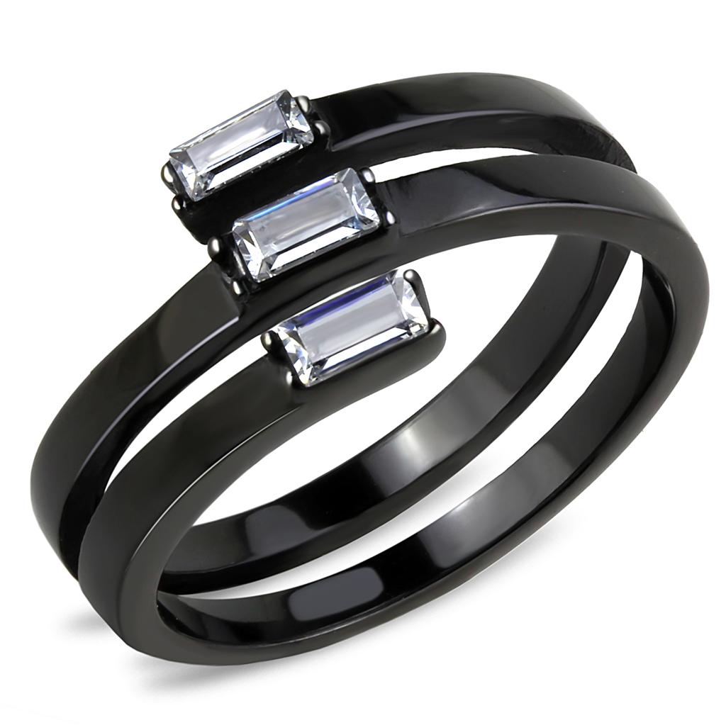 TK3455 IP Black Stainless Steel Ring featuring AAA Grade CZ, showcasing its elegant design and clear stone.