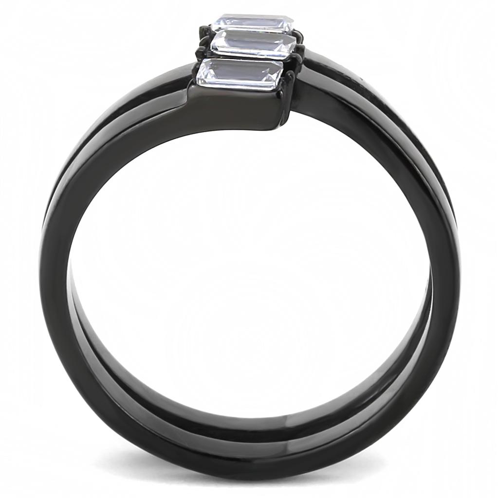 TK3455 IP Black Stainless Steel Ring featuring AAA Grade CZ, showcasing its elegant design and clear stone.