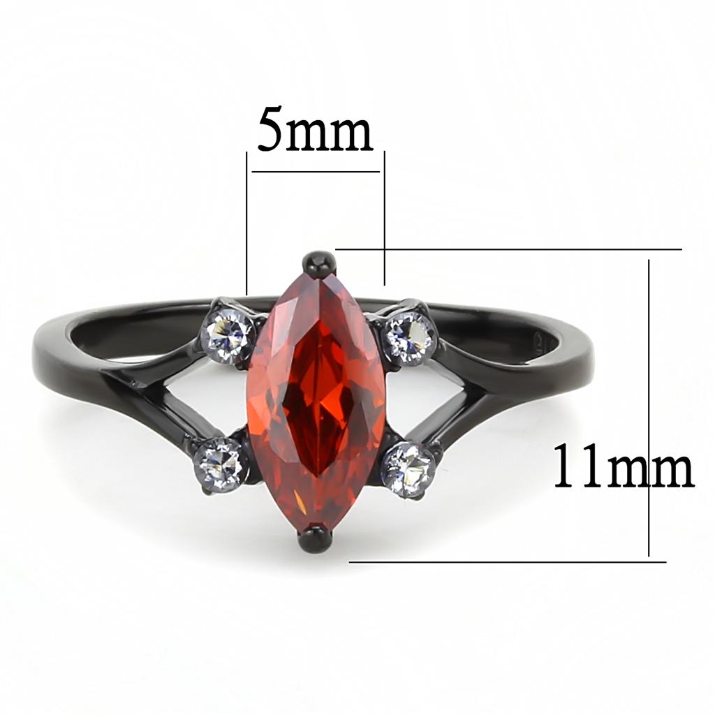 TK3445 IP Black Stainless Steel Ring with AAA Grade CZ in garnet color, showcasing its elegant design and durable finish.