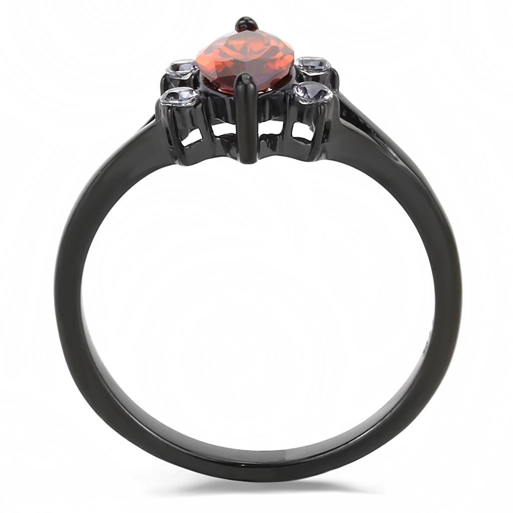 TK3445 IP Black Stainless Steel Ring with AAA Grade CZ in garnet color, showcasing its elegant design and durable finish.