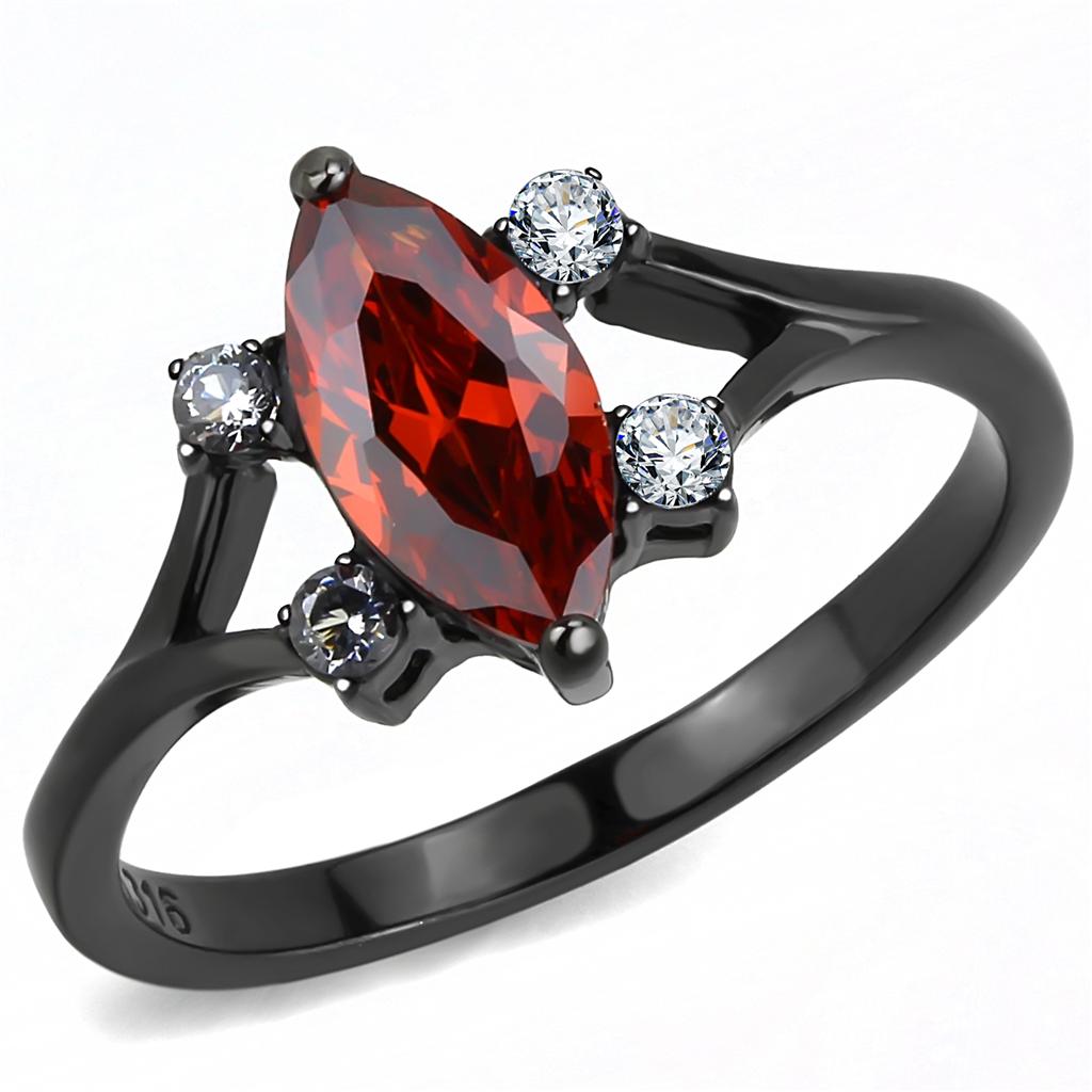 TK3445 IP Black Stainless Steel Ring with AAA Grade CZ in garnet color, showcasing its elegant design and durable finish.