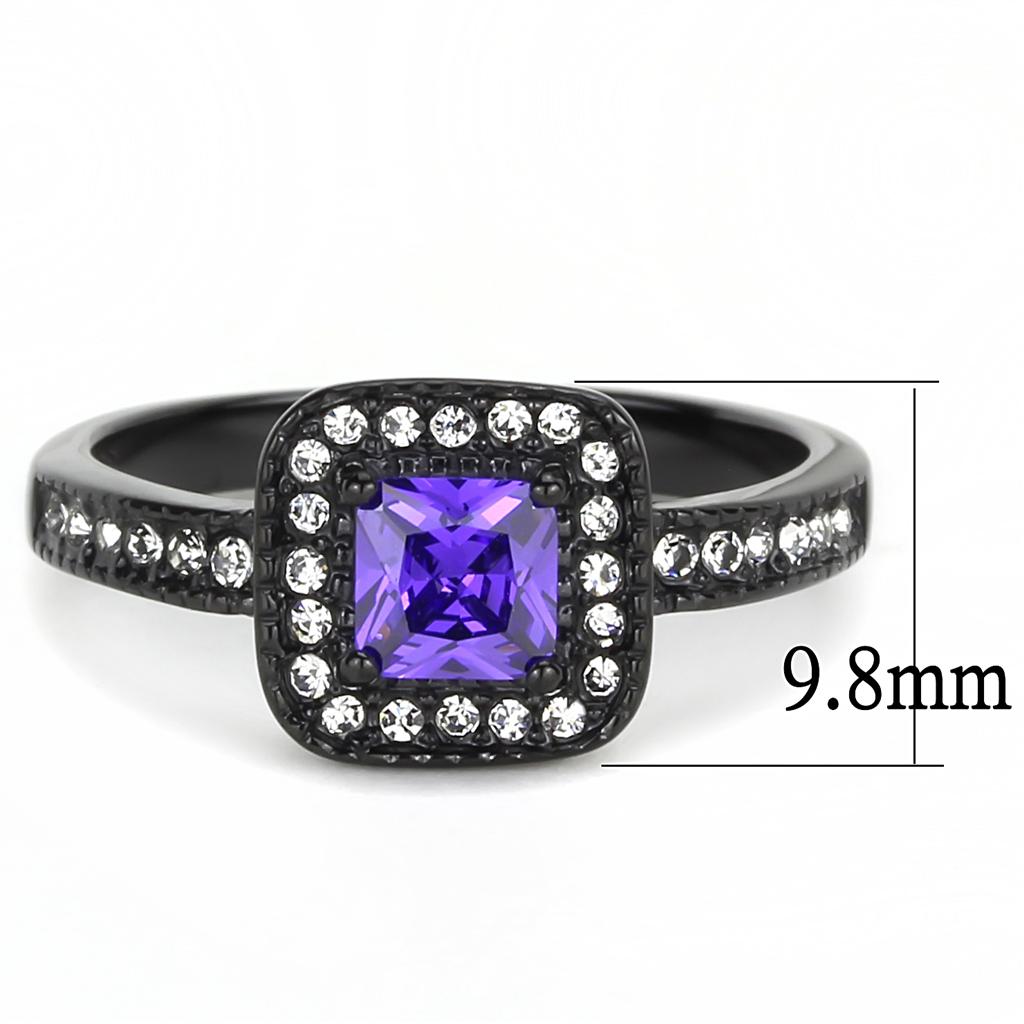 TK3450 IP Black Stainless Steel Ring featuring AAA Grade CZ in tanzanite color, showcasing a modern and elegant design.