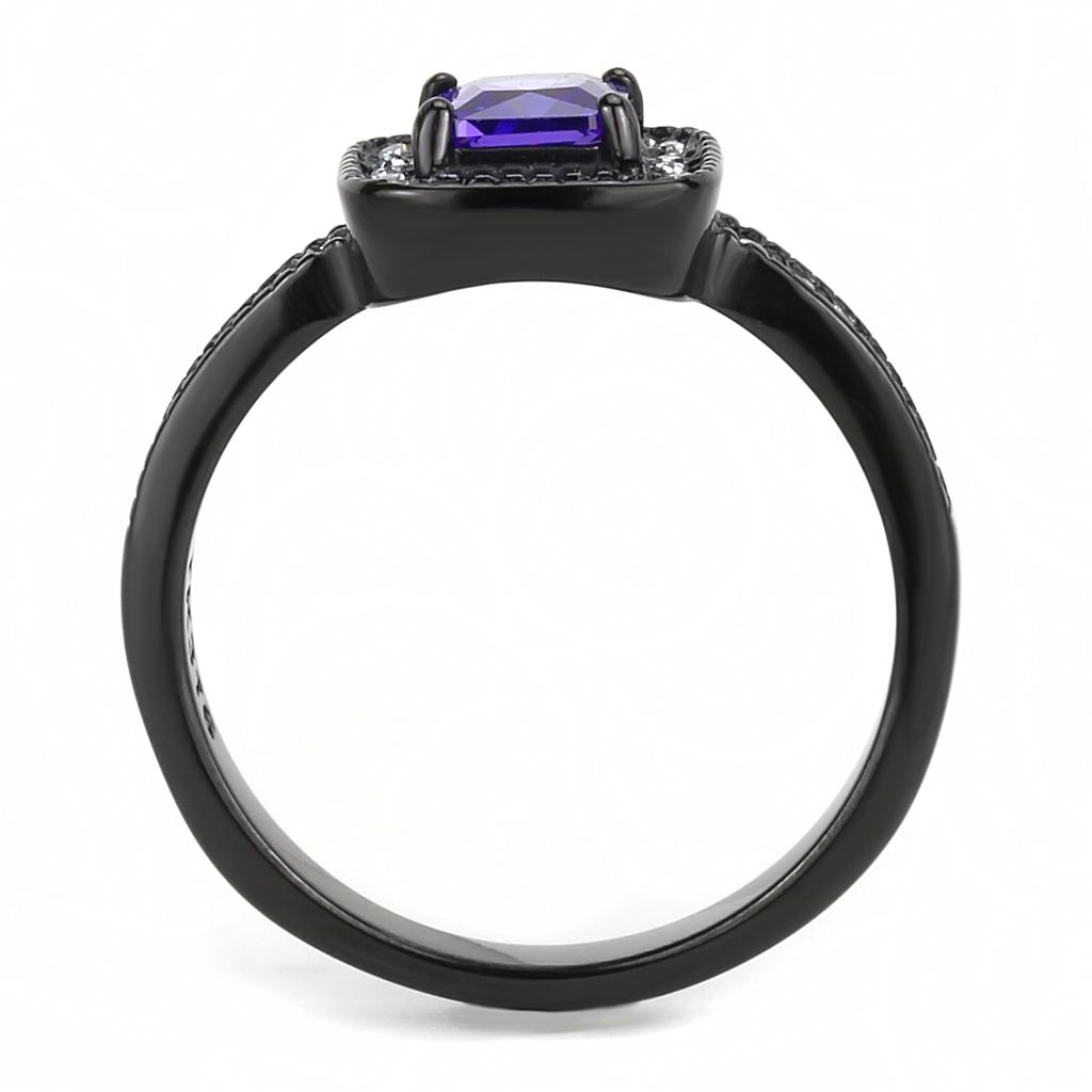 TK3450 IP Black Stainless Steel Ring featuring AAA Grade CZ in tanzanite color, showcasing a modern and elegant design.