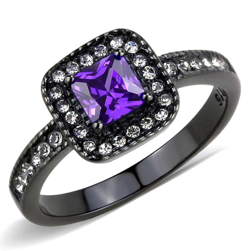 TK3450 IP Black Stainless Steel Ring featuring AAA Grade CZ in tanzanite color, showcasing a modern and elegant design.