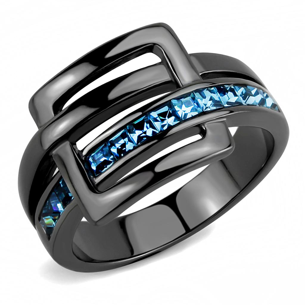 TK3451 IP Light Black Stainless Steel Ring featuring a Sea Blue Top Grade Crystal, showcasing its elegant design and modern finish.