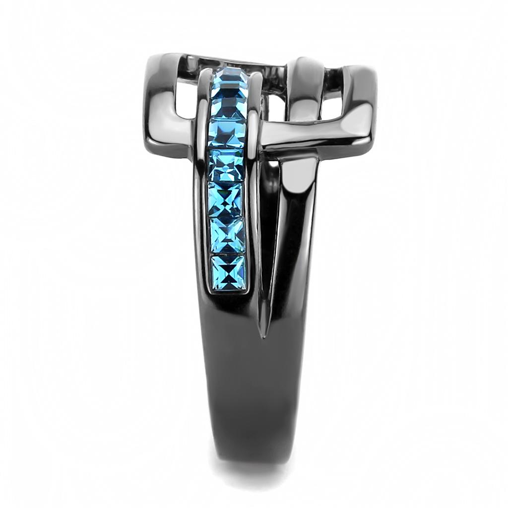 TK3451 IP Light Black Stainless Steel Ring featuring a Sea Blue Top Grade Crystal, showcasing its elegant design and modern finish.