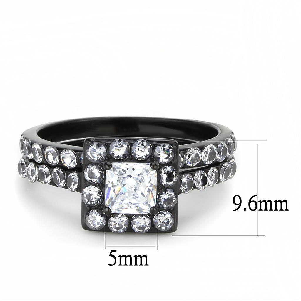 TK3458 IP Black Stainless Steel Ring featuring AAA Grade CZ, showcasing its elegant design and clear center stone.