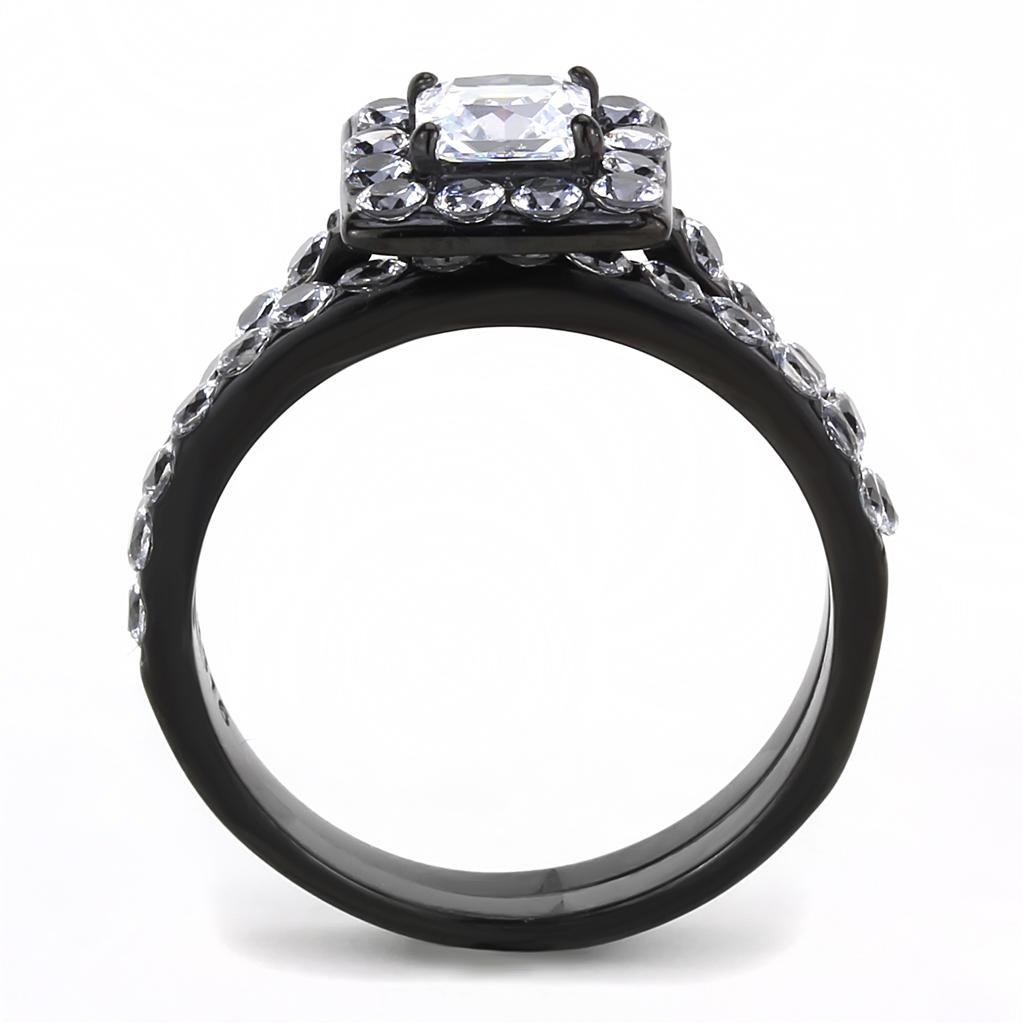 TK3458 IP Black Stainless Steel Ring featuring AAA Grade CZ, showcasing its elegant design and clear center stone.