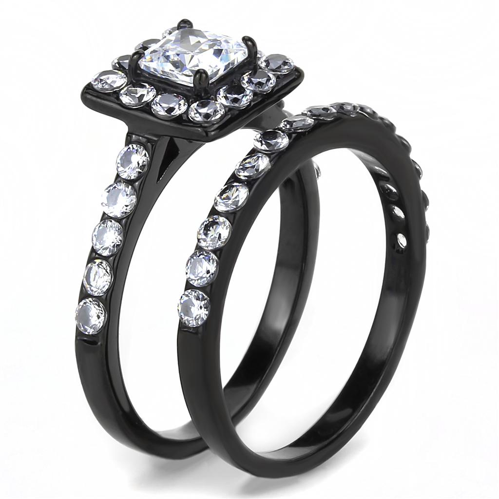 TK3458 IP Black Stainless Steel Ring featuring AAA Grade CZ, showcasing its elegant design and clear center stone.