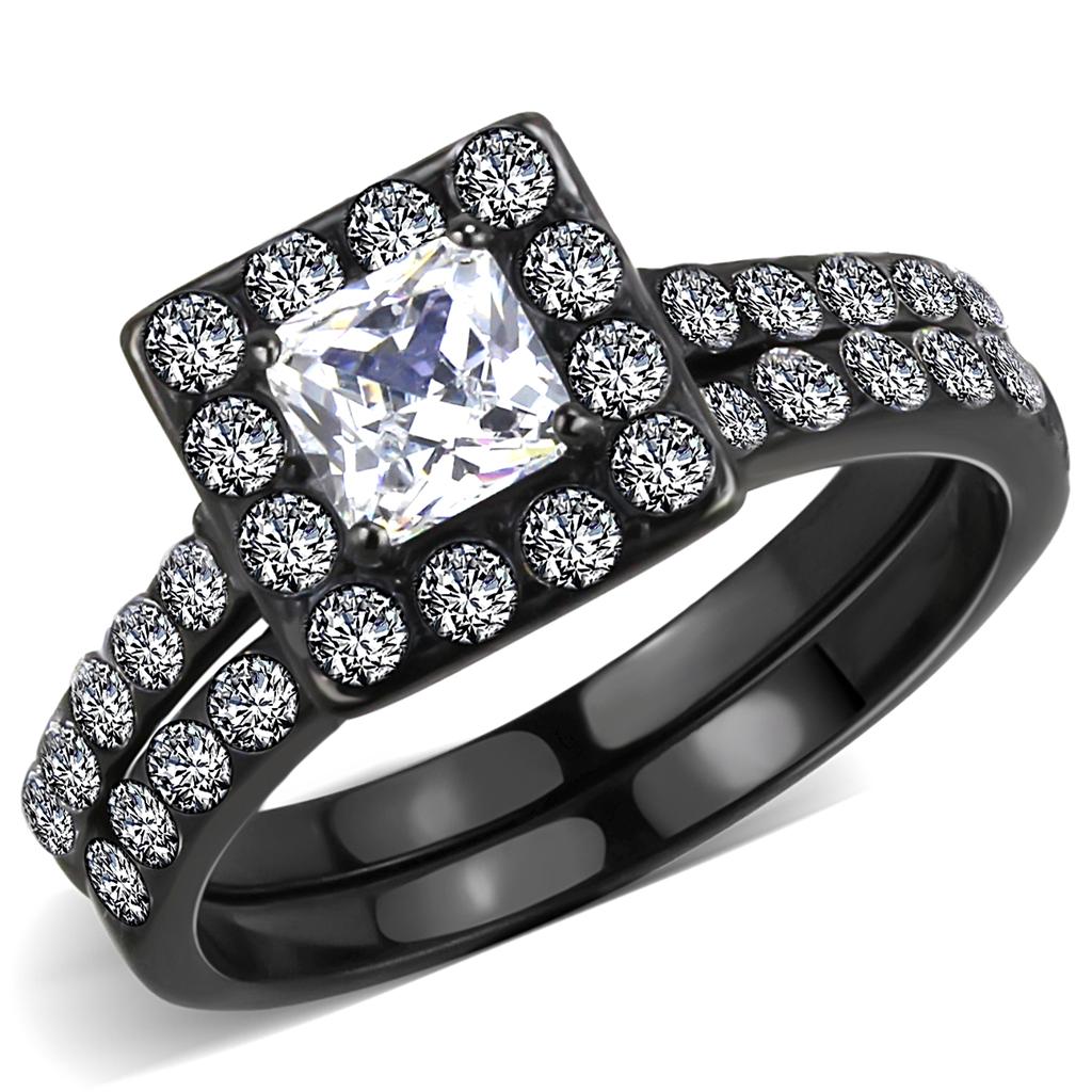 TK3458 IP Black Stainless Steel Ring featuring AAA Grade CZ, showcasing its elegant design and clear center stone.