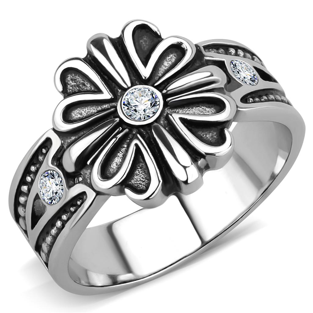 TK3462 High Polished Stainless Steel Ring featuring a clear top-grade crystal centerpiece, showcasing a sleek and modern design.