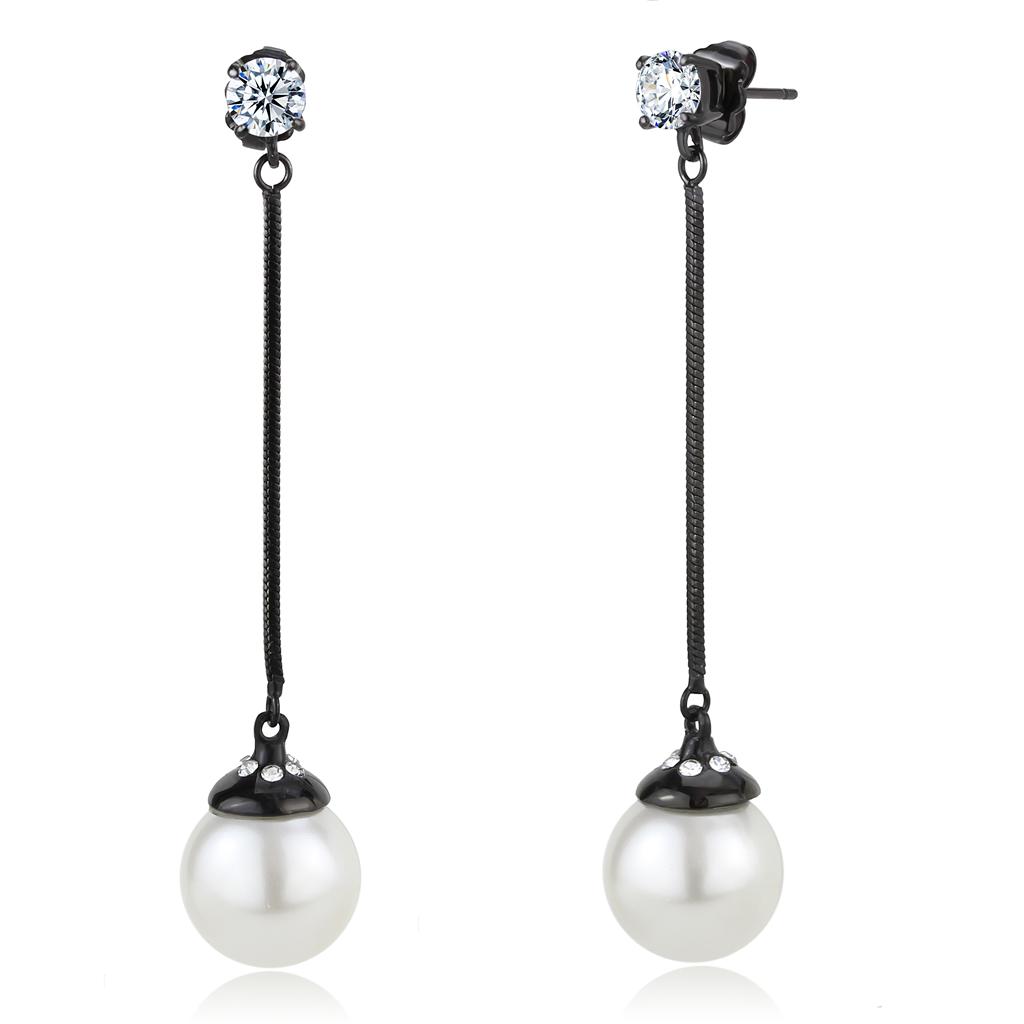 TK3471 IP Black Stainless Steel Earrings featuring a synthetic white pearl center stone, showcasing a modern and elegant design.