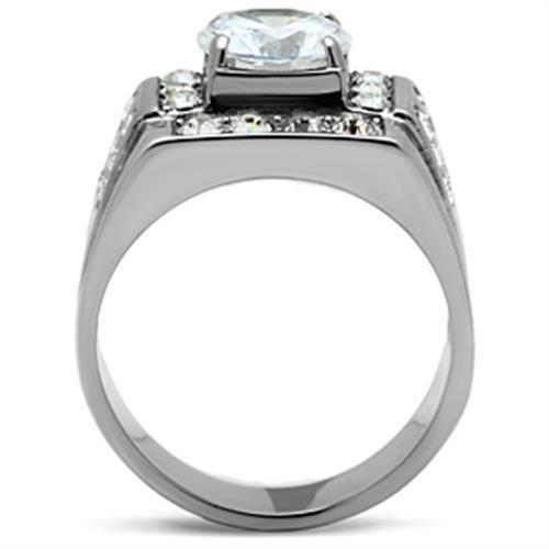 TK348 High Polished Stainless Steel Ring featuring a clear AAA Grade CZ center stone, showcasing its elegant design and shine.