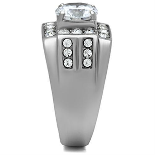 TK348 High Polished Stainless Steel Ring featuring a clear AAA Grade CZ center stone, showcasing its elegant design and shine.