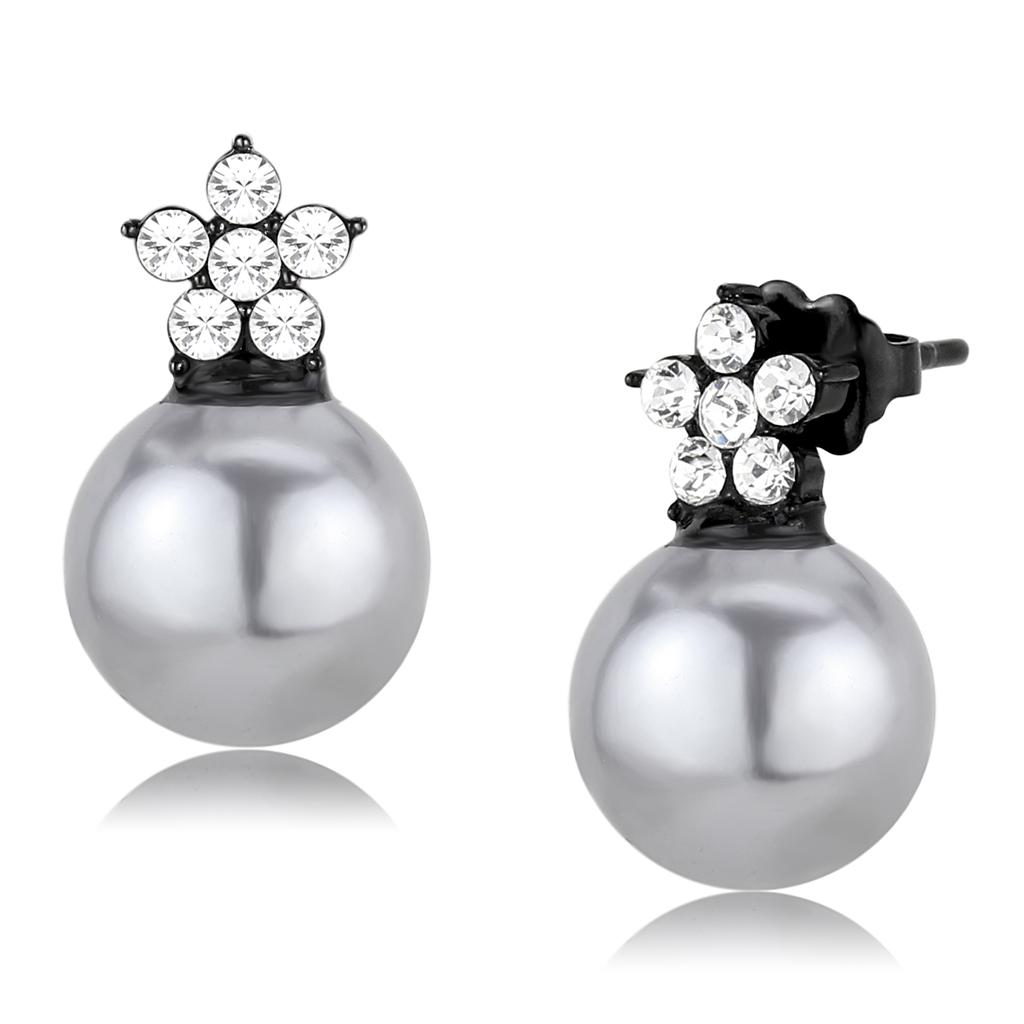 TK3482 IP Black Stainless Steel Earrings featuring a light gray synthetic pearl, showcasing a modern and elegant design.