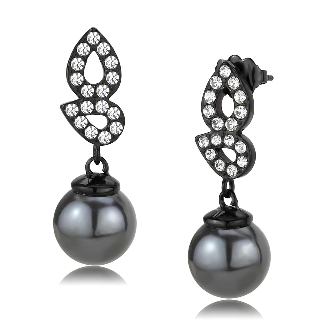 TK3483 IP Black Stainless Steel Earrings featuring a gray synthetic pearl, showcasing a modern and elegant design.